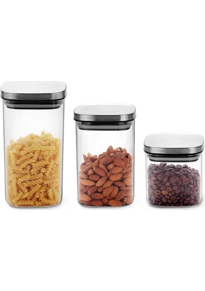 Kare Borosilikat Cam Sızdırmaz Vakumlu Erzak ve Bakliyat Saklama Kabı - Havadaki Termisil Kavanoz, Şeker, Un, Makarna, Çay, Kahve ve Kuru Gıdalar Için Ideal (Metal Kapak, 1500 Ml)