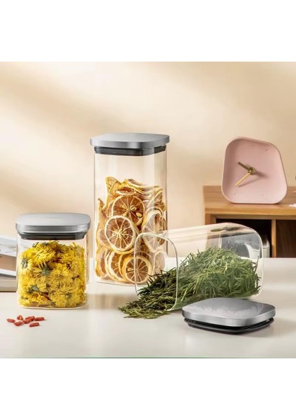 Kare Borosilikat Cam Sızdırmaz Vakumlu Erzak ve Bakliyat Saklama Kabı - Havadaki Termisil Kavanoz, Şeker, Un, Makarna, Çay, Kahve ve Kuru Gıdalar Için Ideal (Metal Kapak, 1500 Ml)
