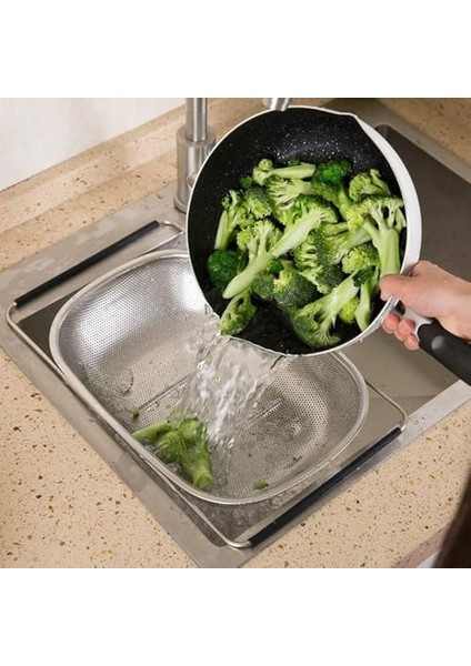 Ayarlanabilir Paslanmaz Çelik Süzgeç 24 x 34 Cm, Lavabo Üzeri Çok Amaçlı Mutfak Süzgeci, Sebze & Meyve Yıkama, Bulaşık Kurutma, Pirinç ve Makarna Süzme
