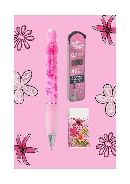 Doğa Desenli Deep Kalem, Deep Silgi ve Deep Min, 0.7 Mm, Şeker Pembe