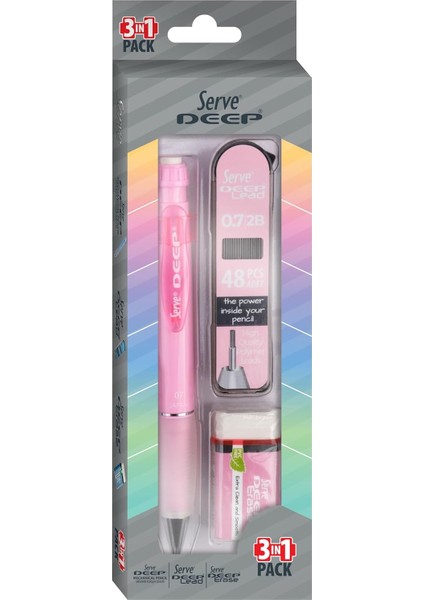Deep Versatil Kalem & Deep Sılgı & Deep Kalem Ucu Mın 0,7mm 3 Lu Set Seker Pembe