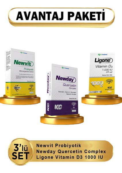Quercetin Complex + Ligone Vitamin D3 + Newvit Probiyotik 3lü ( Avantajlı Paket )