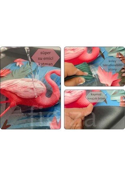 Bulaşık Kurutma Örtüsü Tezgah Üstü Bulaşık Mutfak Matı 3 D Desenli Süper Emici Bulaşıklık (Flamingo)