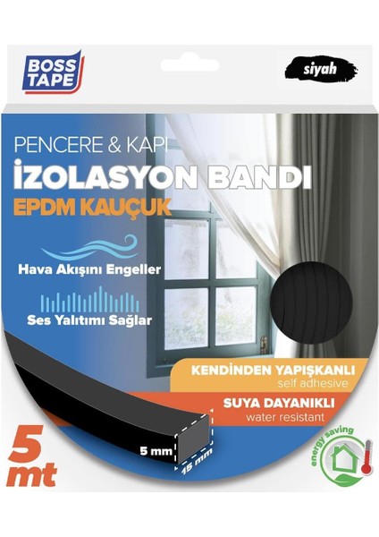 Tape Epdm Kauçuk Pencere Kapı Izolasyon Bandı Siyah 5MMX15MMX5MT