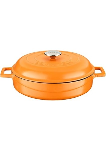 Metal Spring Serisi - Döküm Çok Amaçlı Tencere, Yuvarlak, 28 Cm, Mat Emaye, Parlak Siyah Taban, Turuncu, Kubbe Kapak