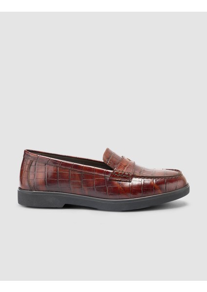 %100 Hakiki Deri Kahverengi Croco Desen Kadın Loafer