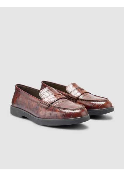 %100 Hakiki Deri Kahverengi Croco Desen Kadın Loafer fiyatları