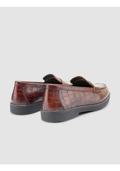 %100 Hakiki Deri Kahverengi Croco Desen Kadın Loafer modelleri