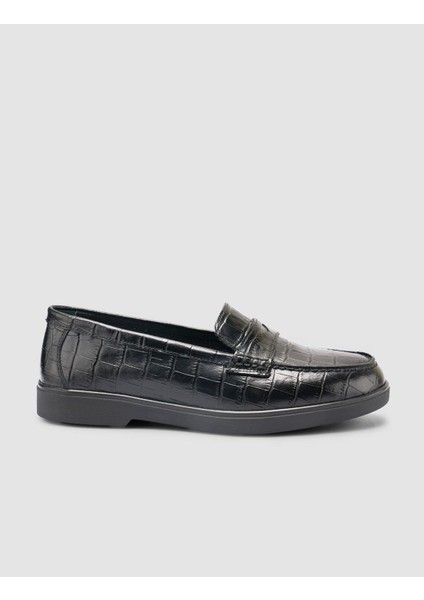 %100 Hakiki Deri Siyah Croco Desen Kadın Loafer