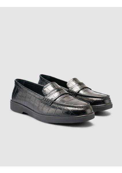 %100 Hakiki Deri Siyah Croco Desen Kadın Loafer