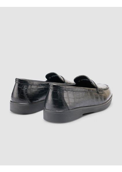 %100 Hakiki Deri Siyah Croco Desen Kadın Loafer
