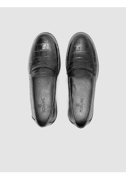 %100 Hakiki Deri Siyah Croco Desen Kadın Loafer