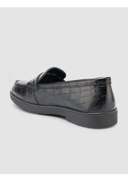 %100 Hakiki Deri Siyah Croco Desen Kadın Loafer