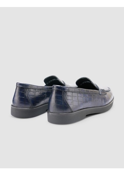 %100 Hakiki Deri Lacivert Croco Desen Kadın Loafer