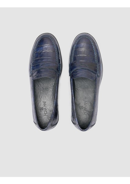 %100 Hakiki Deri Lacivert Croco Desen Kadın Loafer