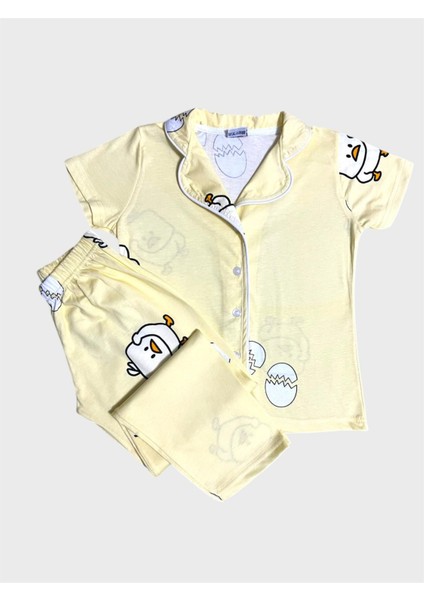 Kız Çocuk %100 Pamuklu Sarı Civciv Desenli Gömlek Yaka Düğmeli Kısa Kollu Pijama Takımı