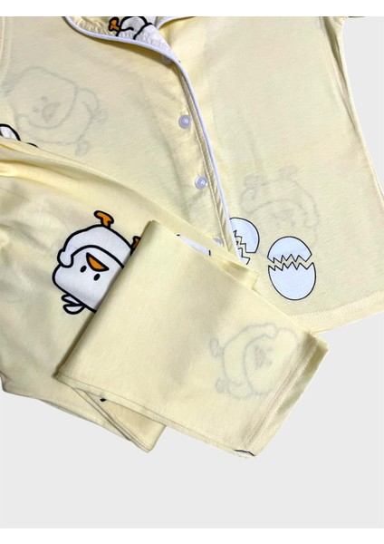 Kız Çocuk %100 Pamuklu Sarı Civciv Desenli Gömlek Yaka Düğmeli Kısa Kollu Pijama Takımı
