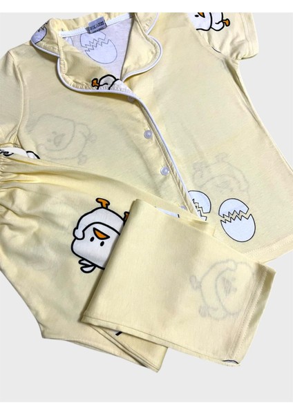 Kız Çocuk %100 Pamuklu Sarı Civciv Desenli Gömlek Yaka Düğmeli Kısa Kollu Pijama Takımı