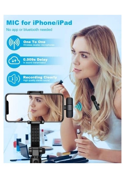 iPhone ile Uyumlu Kablosuz Yaka Mikrofon, Telefon Video Kaydı Için Yaka Klipsli Mikrofon Tiktok Youtube Canlı Yayın Vlog (Uygulama/bluetooth Gerekmez)