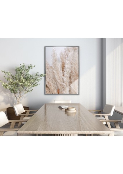 soft| Krem Ton Kuru Bitki Modeli |çerçeveli Temperli Cam Tablo Tekli Dikey