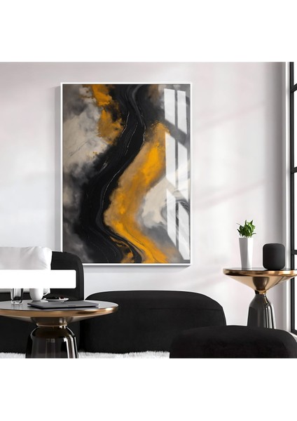 siyah-Sarı-Gri Soyut Desenli Model 002|ÇERÇEVELİ Temperli Cam Tablo Tekli Dikey