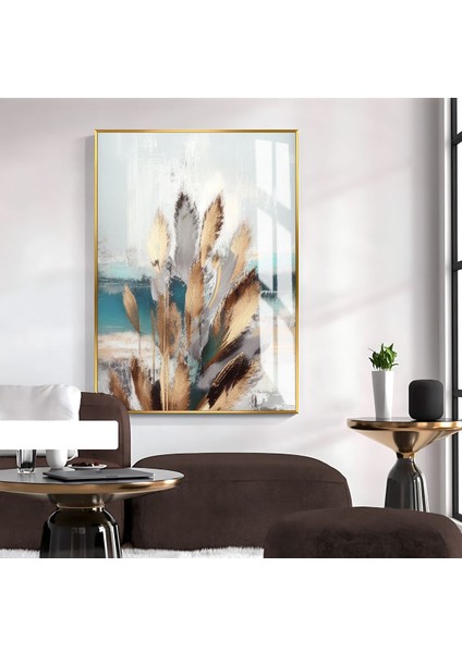 soyut Desen Krem-Gri Yaprak Model 1|çerçeveli Temperli Cam Tablo Tekli Dikey
