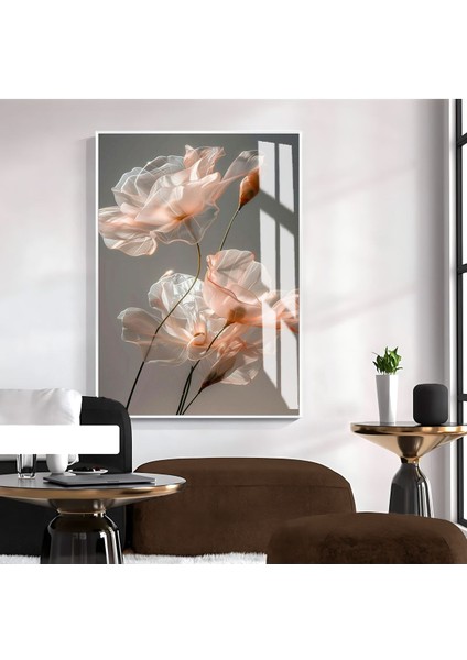pembe Çiçek Modeli |çerçeveli Temperli Cam Tablo Tekli Dikey