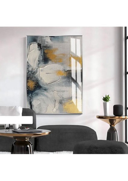 sarı-Gri-Siyah Çiçekli Soyut Model 1|çerçeveli Temperli Cam Tablo Tekli Dikey