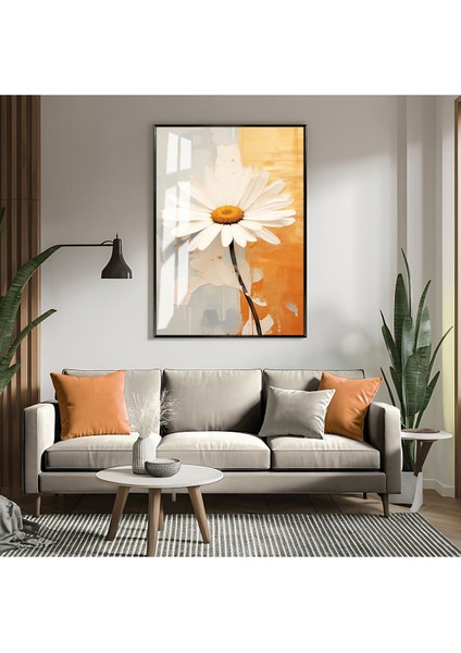 |beyaz-Turuncu Çiçek Desenli MODEL01|ÇERÇEVELİ Temperli Cam Tablo Tekli Dikey