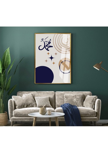 |gri-Lacivert Bohem Muhammed Islami Modeli |çerçeveli Temperli Cam Tablo Tekli Dikey