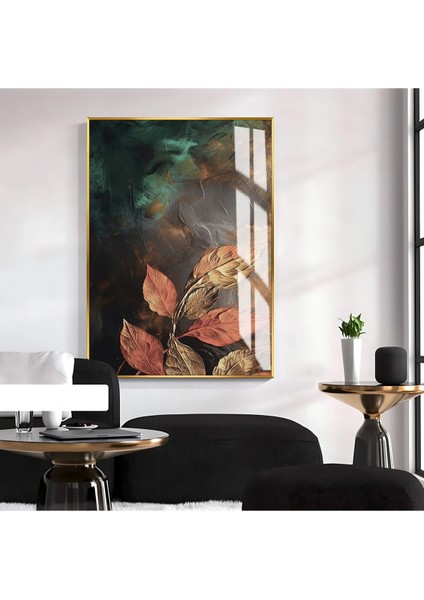 soft Turuncu-Yeşil Yapraklı Model Iı |çerçeveli Temperli Cam Tablo Tekli Dikey