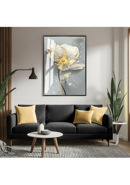 |beyaz-Gold Pırıltılı Çiçek Modeli Iı |çerçeveli Temperli Cam Tablo Tekli Dikey