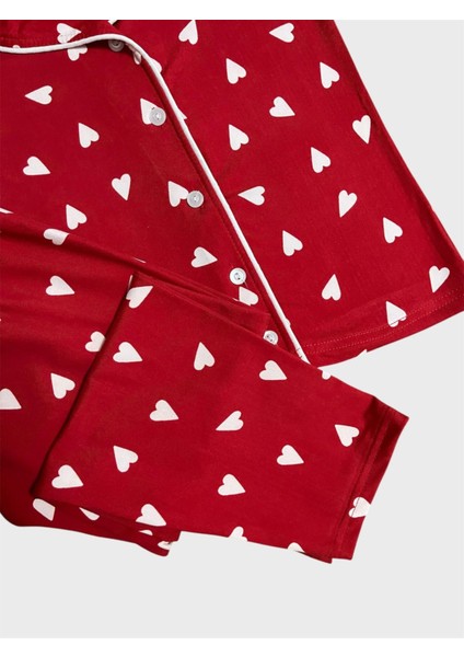 Kız Çocuk %100 Pamuklu Kırmızı Kalp Desenli Gömlek Yaka Boydan Düğmeli Kısa Kollu Pijama Takımı