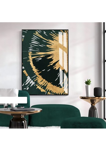 yeşil-Sarı Soyut Şekilli Model 1|çerçeveli Temperli Cam Tablo Tekli Dikey