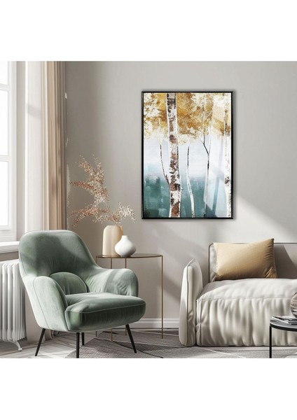 |gold-Laci Ağaç Detay Soyut Model |çerçeveli Temperli Cam Tablo Tekli Dikey