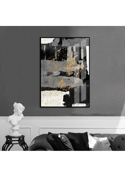 gold-Siyah-Gri Abstract Desenli Model 1|çerçeveli Temperli Cam Tablo Tekli Dikey