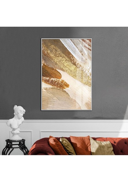 krem-Kahve Soyut Model 4 |çerçeveli Temperli Cam Tablo Tekli Dikey