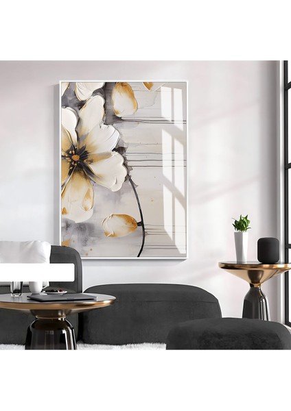 gri-Krem-Siyah Çiçek Desenli Model 1|çerçeveli Temperli Cam Tablo Tekli Dikey