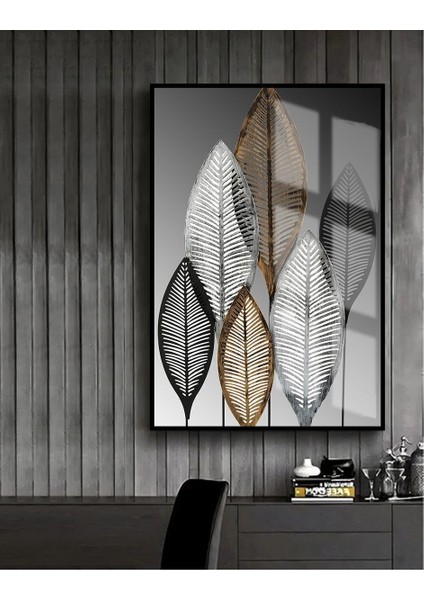 |kahverengi-Siyah-Gri Yaprak |çerçeveli Temperli Cam Tablo Posteri Tekli Dikey