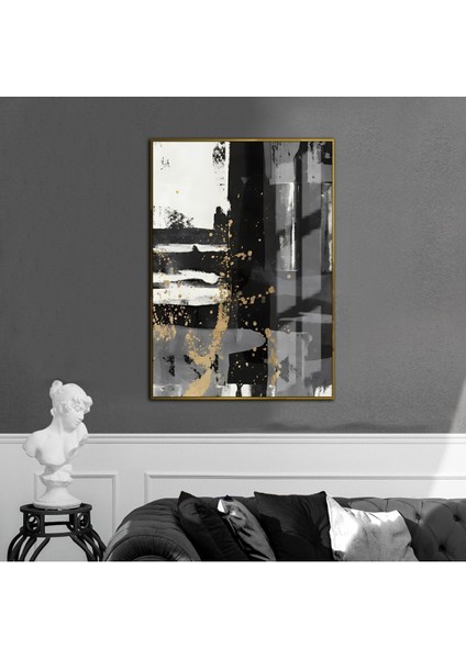 gold-Siyah-Gri Abstract Desenli Model 2 |çerçeveli Temperli Cam Tablo Tekli Dikey