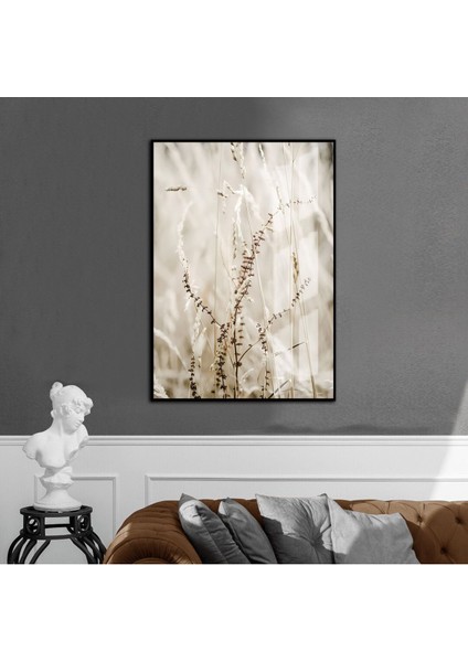 soft Bej Beyaz Püsküllü Yaprak 2|çerçeveli Temperli Cam Tablo Tekli Dikey
