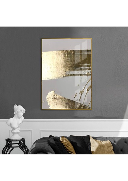 gri-Gold Abstract Desenli Model 2|çerçeveli Temperli Cam Tablo Tekli Dikey
