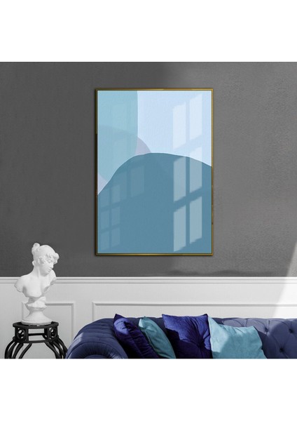 mavi Tonlar Soyut Model 02 |çerçeveli Temperli Cam Tablo Tekli Dikey