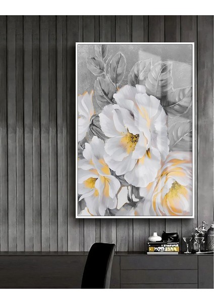 gri-Gold-Beyaz Çiçek Model |çerçeveli Temperli Cam Tablo Tekli Dikey