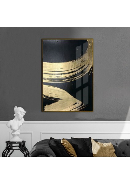 siyah-Gold Soyut Desenli Model 3|çerçeveli Temperli Cam Tablo Tekli Dikey