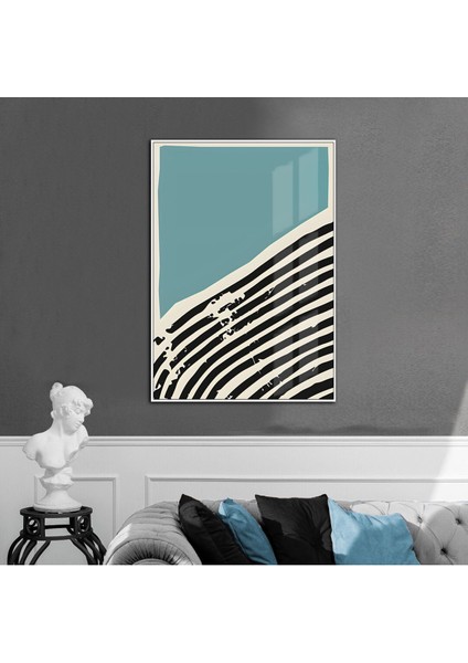 siyah-Mavi-Beyaz Soyut Model 2|çerçeveli Temperli Cam Tablo Tekli Dikey