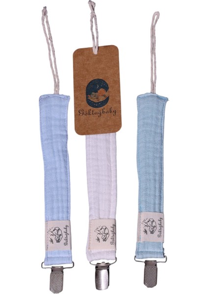 4 Katlı Müslin Kumaş 3'lü Bebek Emzik Askısı, Erkek Bebek Emzik Askısı, Mavi Emzik Askısı