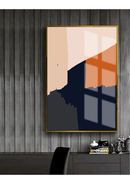 krem-Mavi-Turuncu Soyut Modeli 1 |çerçeveli Temperli Cam Tablo Tekli Dikey