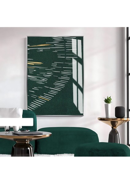 yeşil-Beyaz Desenli Soyut Model Iı |çerçeveli Temperli Cam Tablo Tekli Dikey