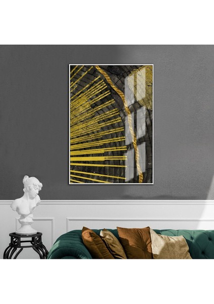 siyah-Gold Çizgili Soyut Model |çerçeveli Temperli Cam Tablo Tekli Dikey